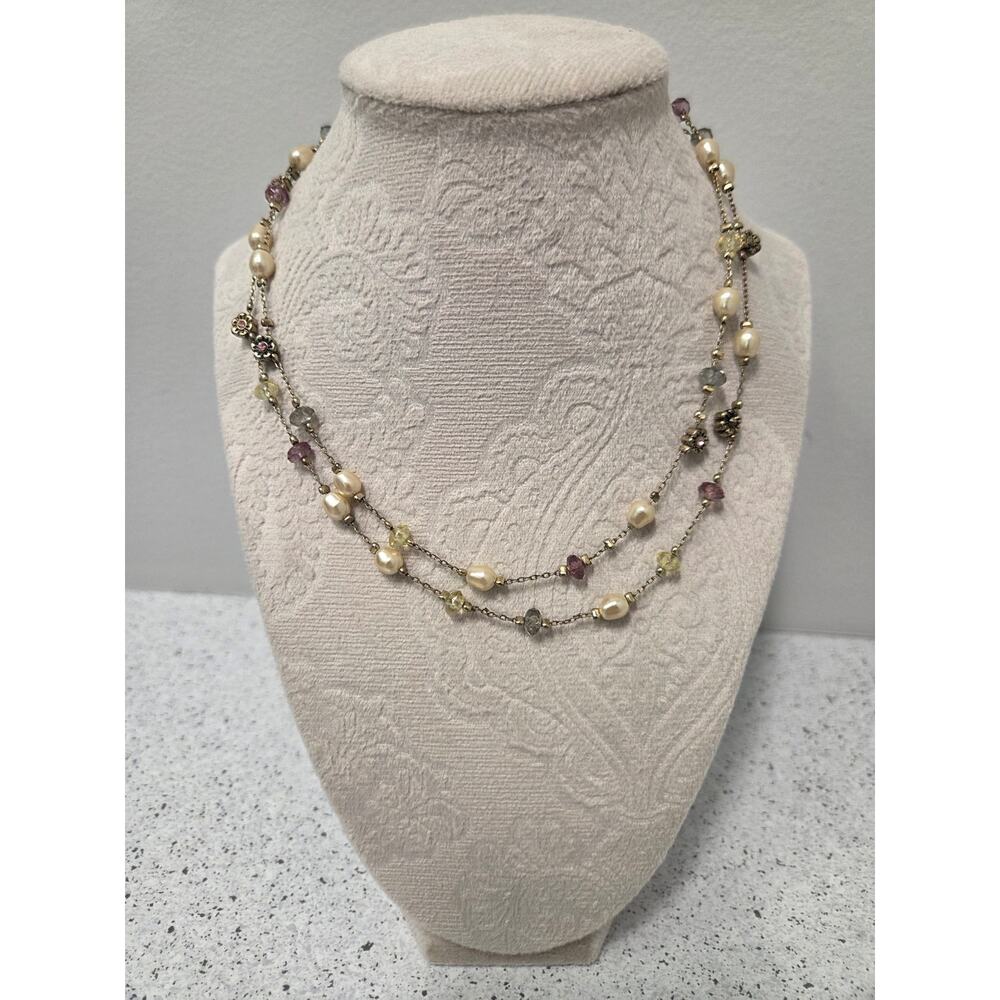 Chico’s Layered Pearl & Multicolor Beaded Necklace Gold Tone Floral